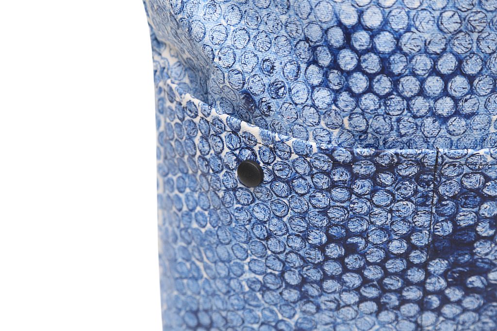 Blue upcycled bubble wrap, eco friendly fabric created and colored by hand Remeant